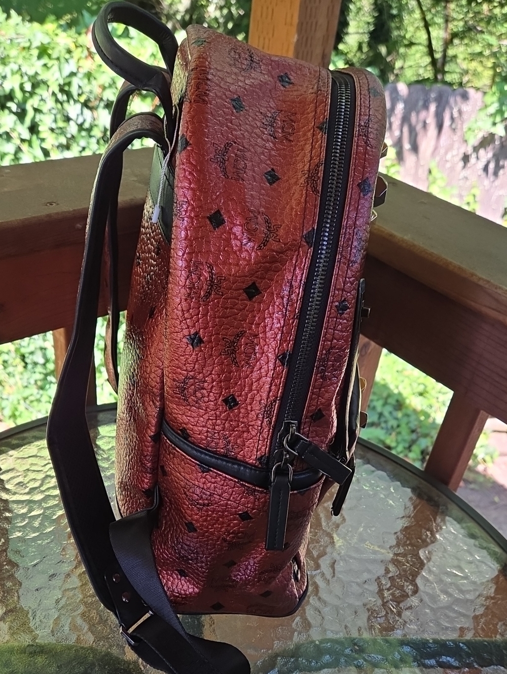 Large MCM Red  Studded Backpack - Picture 3 of 10